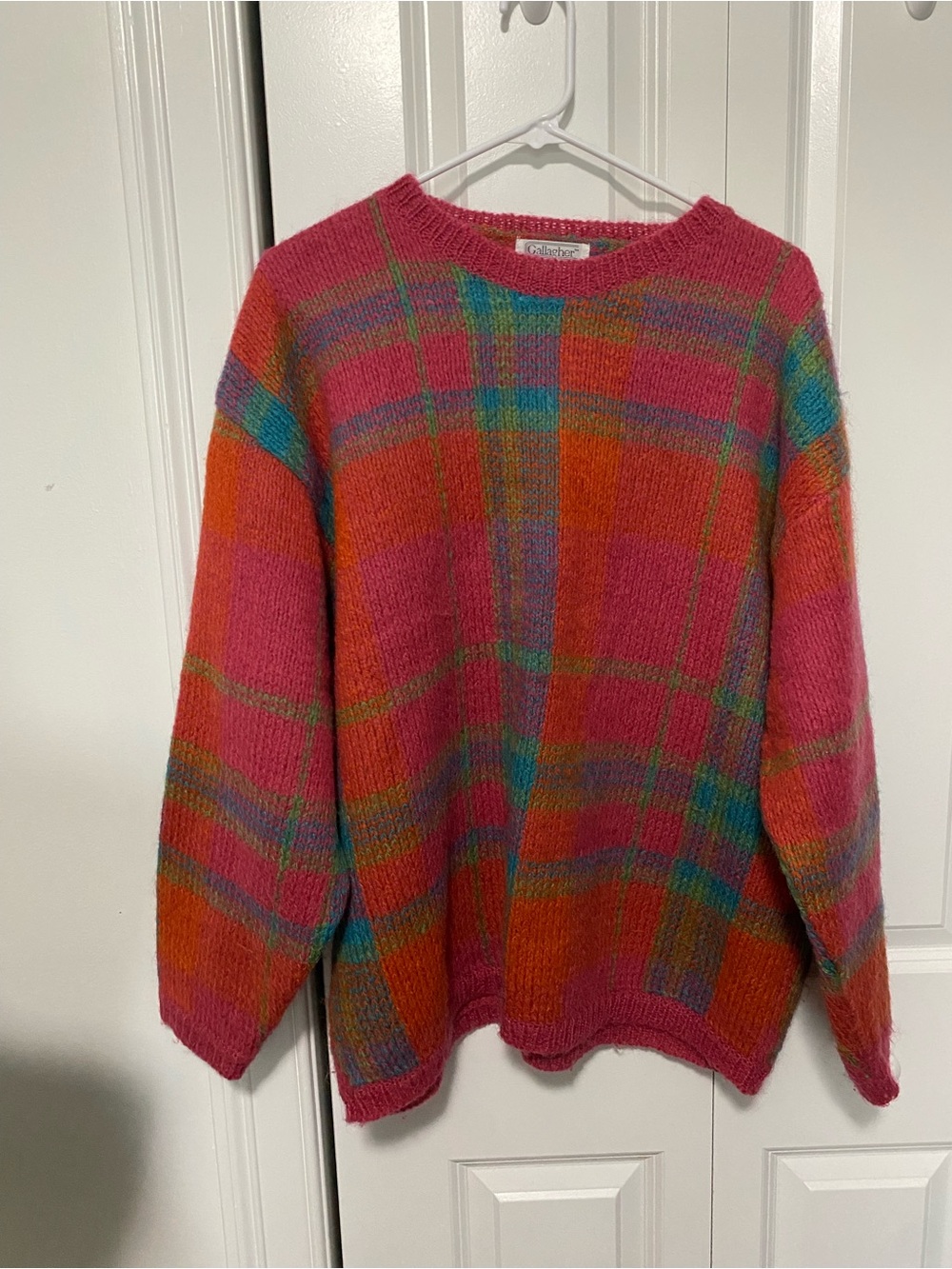 Vintage Gallagher Colorblock Plaid Crewneck Mohair Blend Sweater